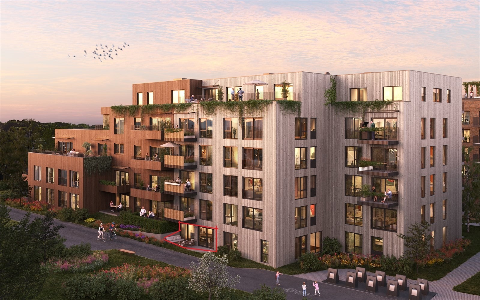 Boligen får sydvendt markterrasse som vender mot bilfritt gatetun. Rød markør viser leilighet CBU03 sin beliggenhet. Kun ment som illustrasjon. Galleribilde