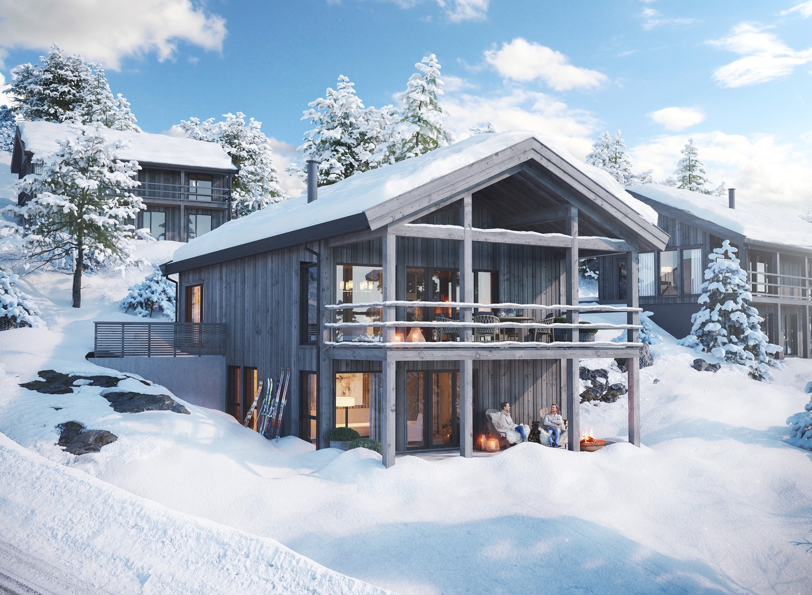 Hyttemodell Solheim, bygges på tomt 1. 4(5) | Åpen stue/kjøkken med ildsted | Kjøkken fra Bjerks | 2 stuer | 2 bad | Badstue | Vaskerom og eget gjestetoalett | Hovedsoverom med privat bad | Skistall Galleribilde