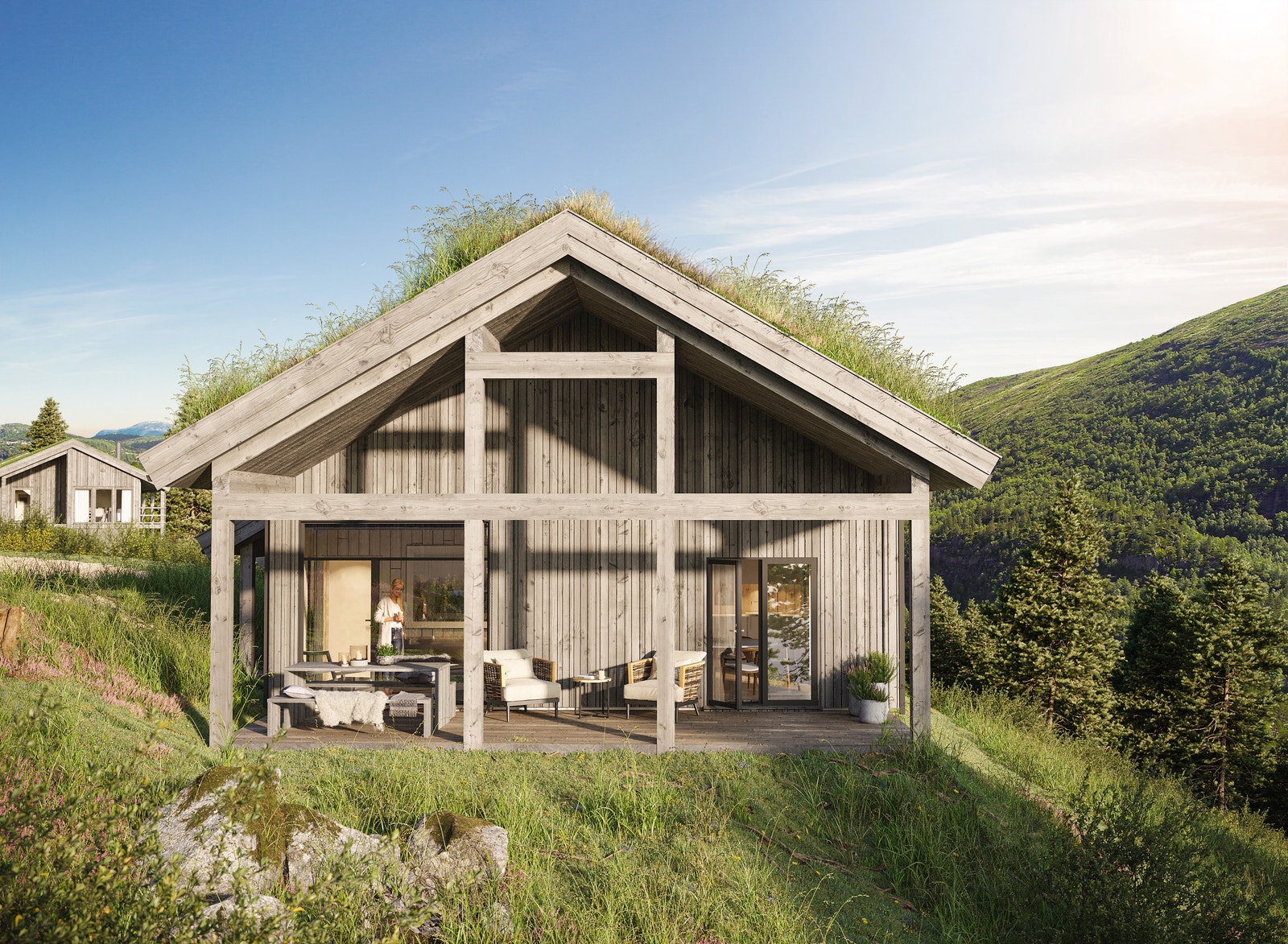 Hyttemodell Tjørhom bygges på tomt 14 og 15. 4 soverom, stue/kjøkken med god takhøyde og utgang til terrasse | Bad med vaskemuligheter og eget gjestetoalett | Skistall med utvendig og innvendig adkomst. Galleribilde