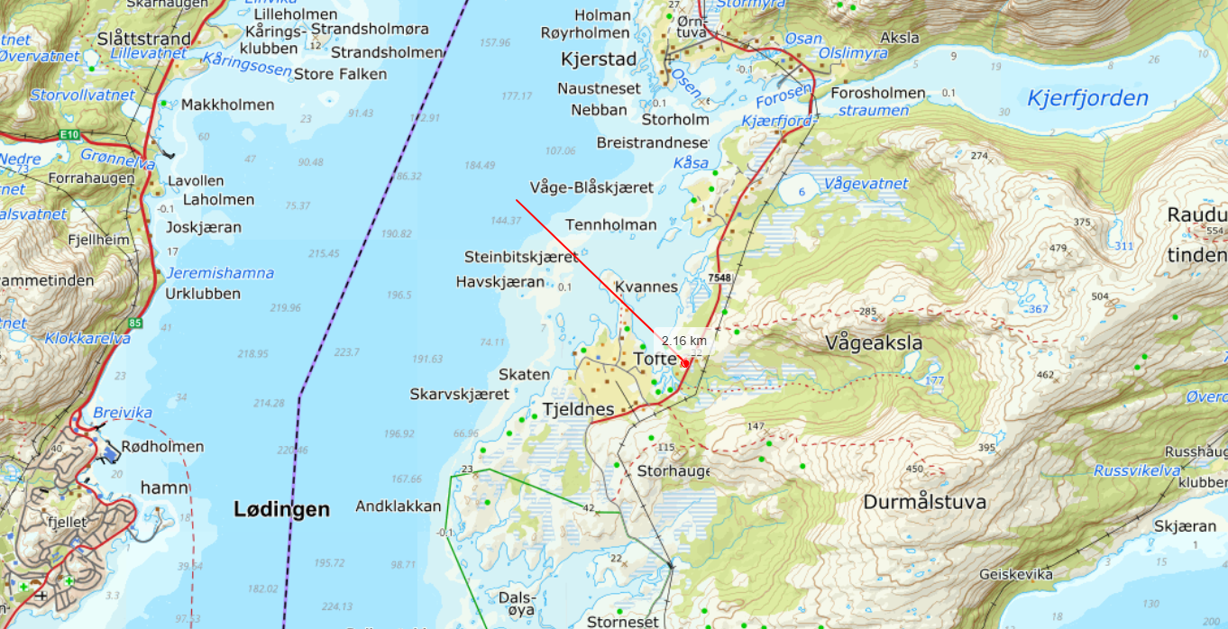 Pilen indikerer hvor tomta ligger. Egen båtforening i Kjærfjord. Kort vei med båt til Lødingen. Galleribilde