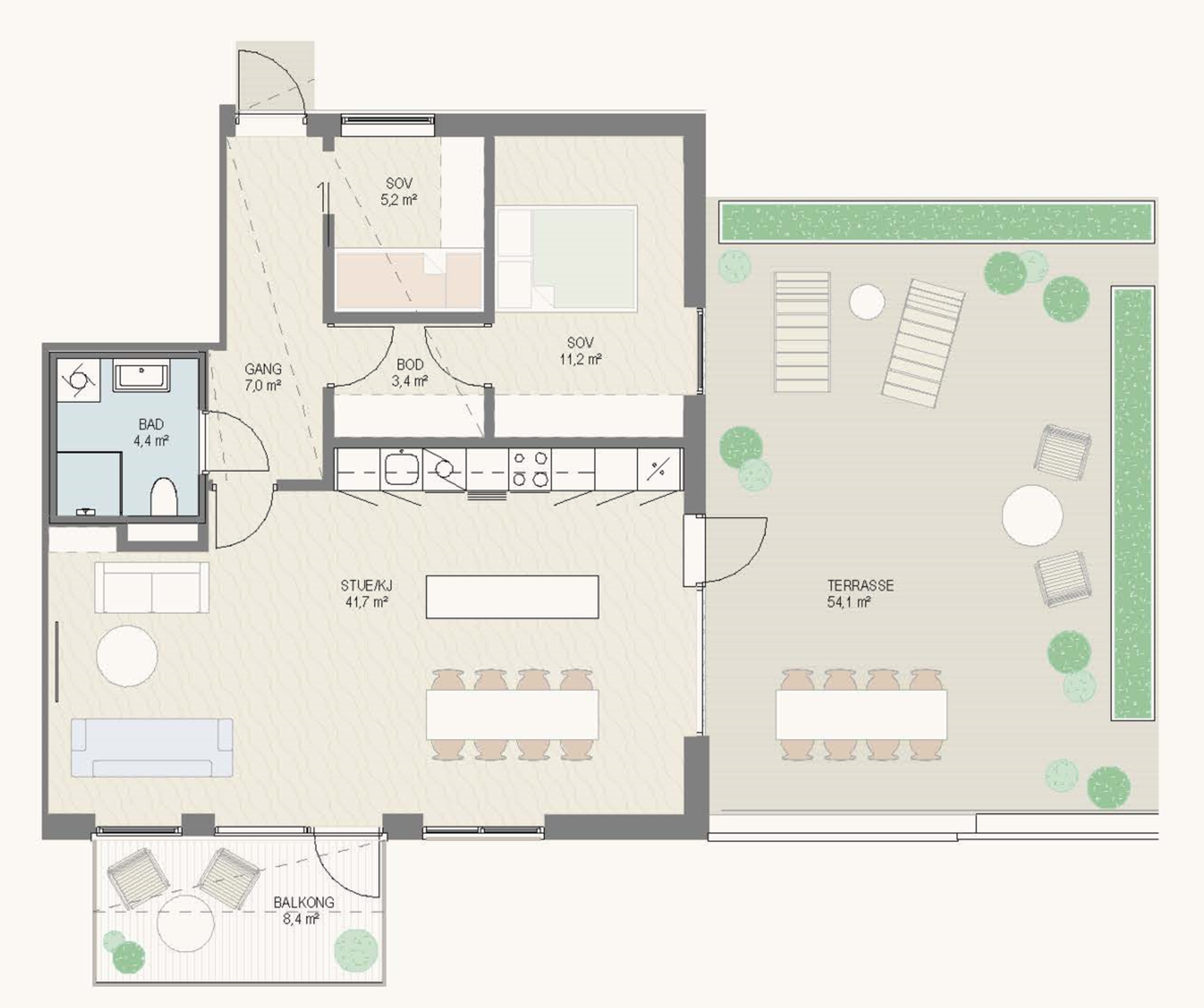 Gjennomtenkt og praktisk planløsning med to soverom, åpen stue-/kjøkkenløsning, sørvendt balkong og stor privat takterrasse. Galleribilde