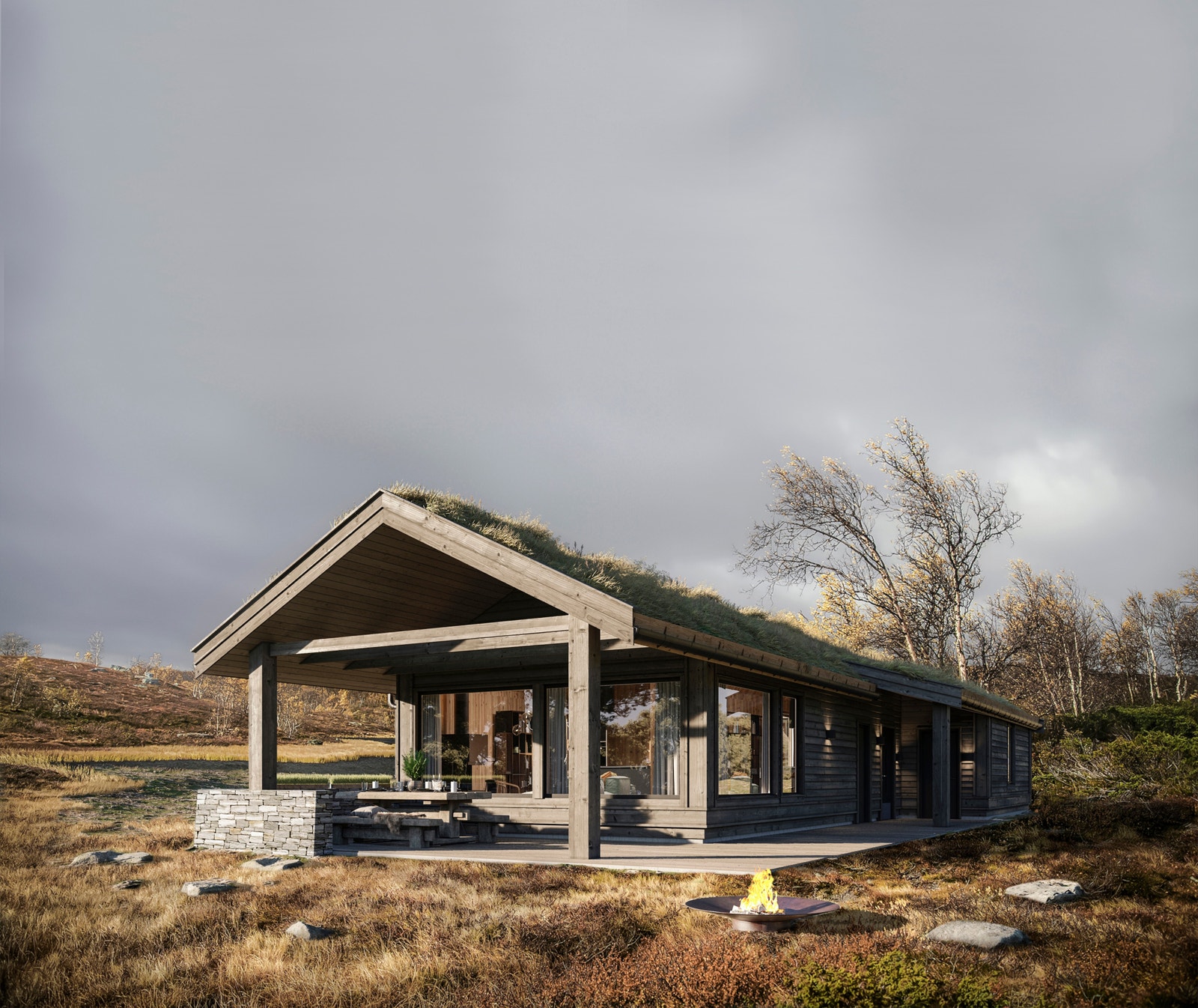 Hyttemodell Falkefjedl | 3(4) soverom | 2 stuer | Hovedsoverom med eget bad og walk-in | Bad 2 med badstue | Skistall/vask | Åpen stue/kjøkken med full takhøyde og ildsted | Kjøkken fra Bjerks Galleribilde