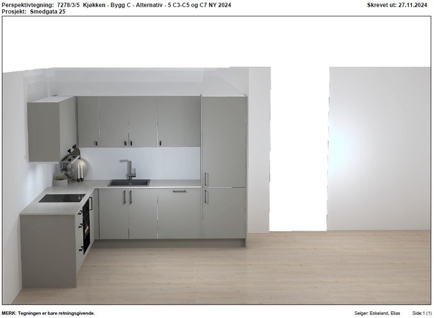 Kjøkkeninnredning fra Strai kjøkken, modell Tromsø. Tegningen er bare retningsgivende. Galleribilde