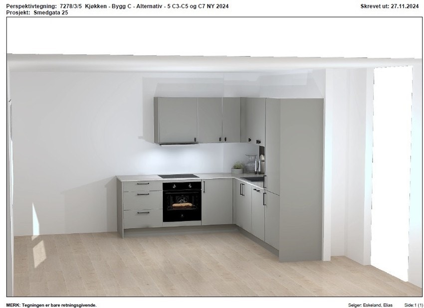 Kjøkkeninnredning fra Strai kjøkken, modell Tromsø. Tegningen er bare retningsgivende. Galleribilde