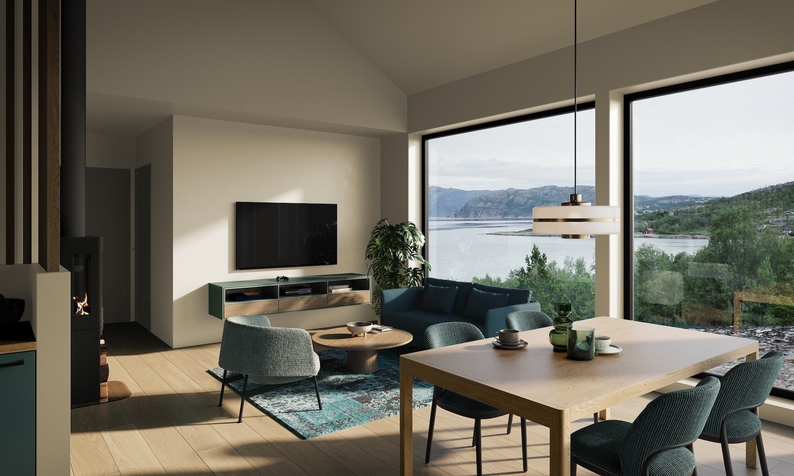 Slå deg ned i sofaen og nyt den herlege utsikta medan peisen varmar bak deg. Illustrasjon. Galleribilde