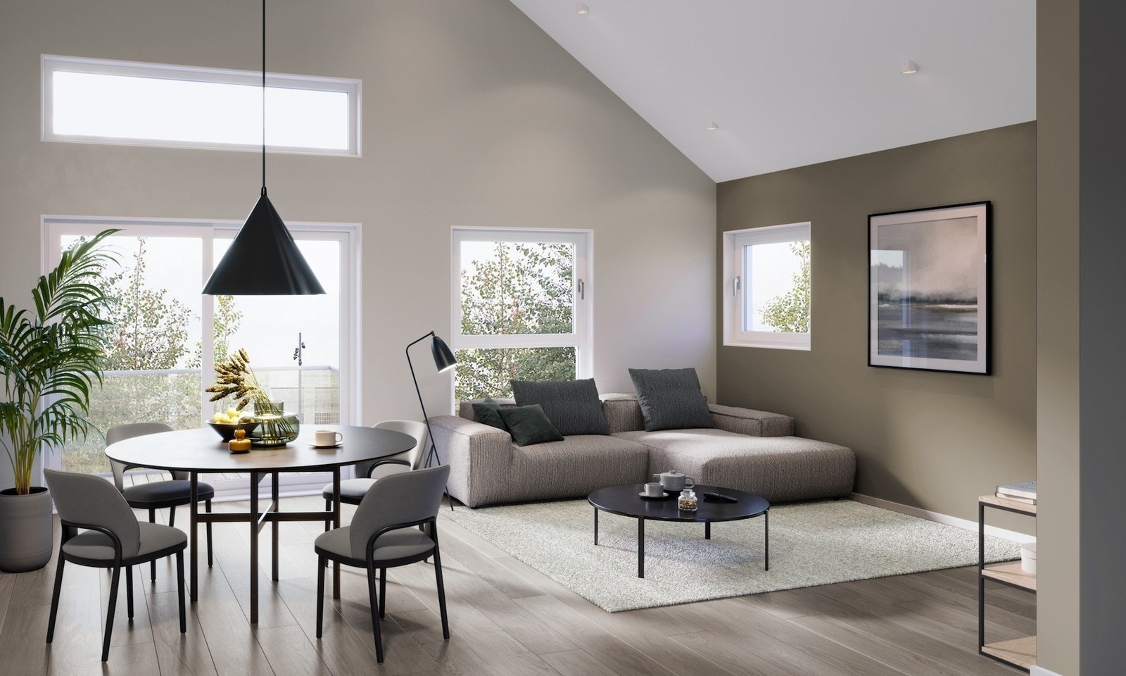 Store vindauge i stova gir godt lysinnslepp og planløysinga gir god plass til familie og vener. Illustrasjon. Galleribilde