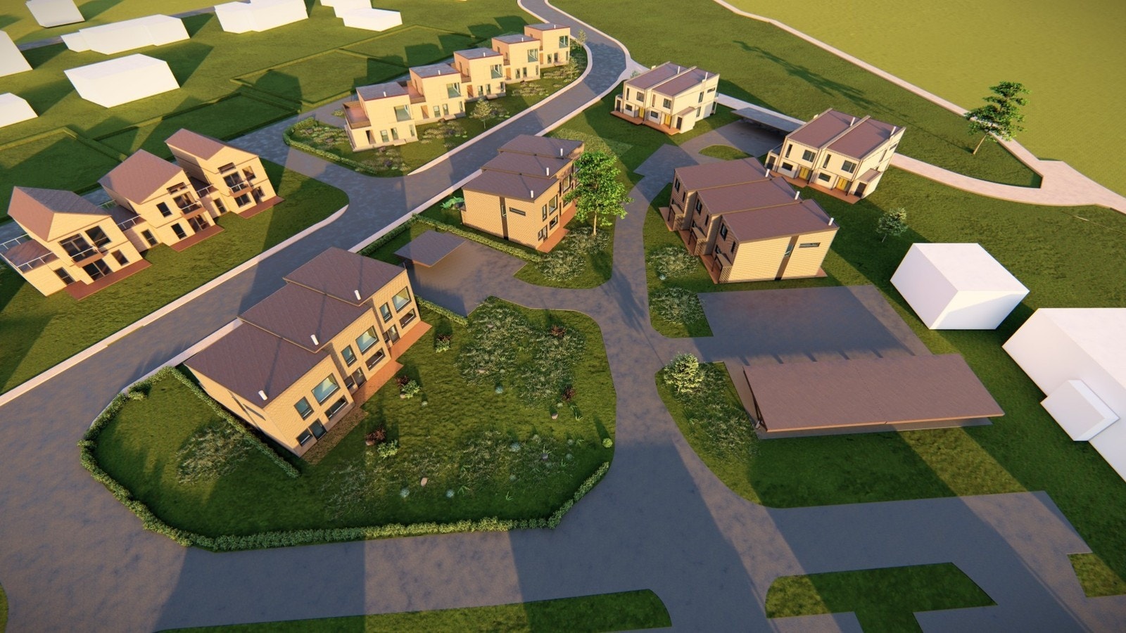 Eit ope og luftig bustadfelt med store opne område. Illustrasjon. Galleribilde