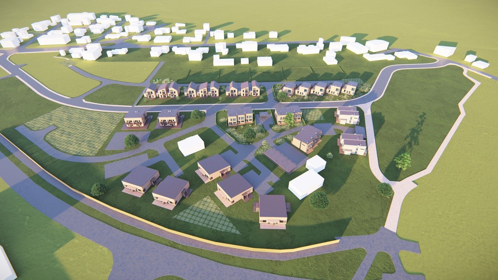 Brekkane får eigne leikeplassar til barna og det kjem støyvoll langs riksvegen, til glede for nye og gamle bustadar på feltet. Illutrasjon. Galleribilde