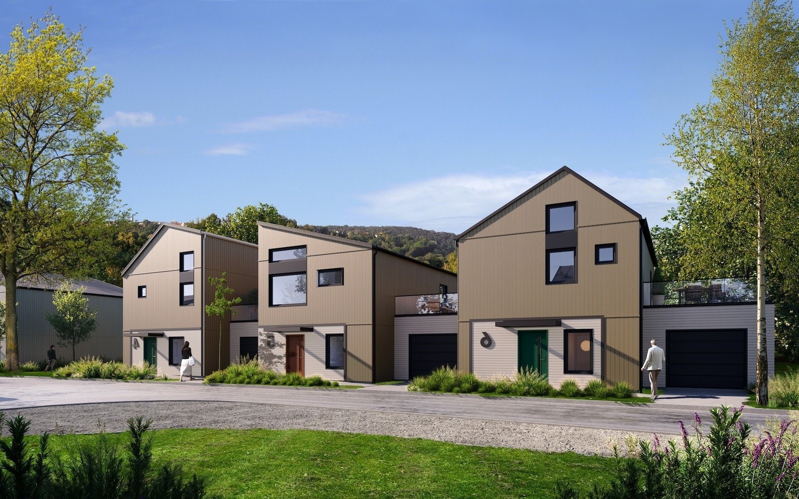 Dei tre ulike typane einebustadar har eit variert, men harmonisk fasadeuttrykk. Illustrasjon. Galleribilde