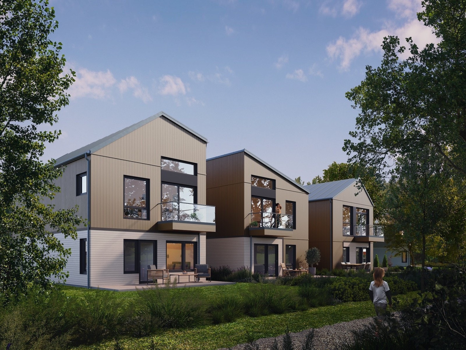 Solfylte dagar kan nytast på den romslege terrassen. Frå den praktiske garasjen kjem du rett ut i hagen. Illustrasjon. Galleribilde