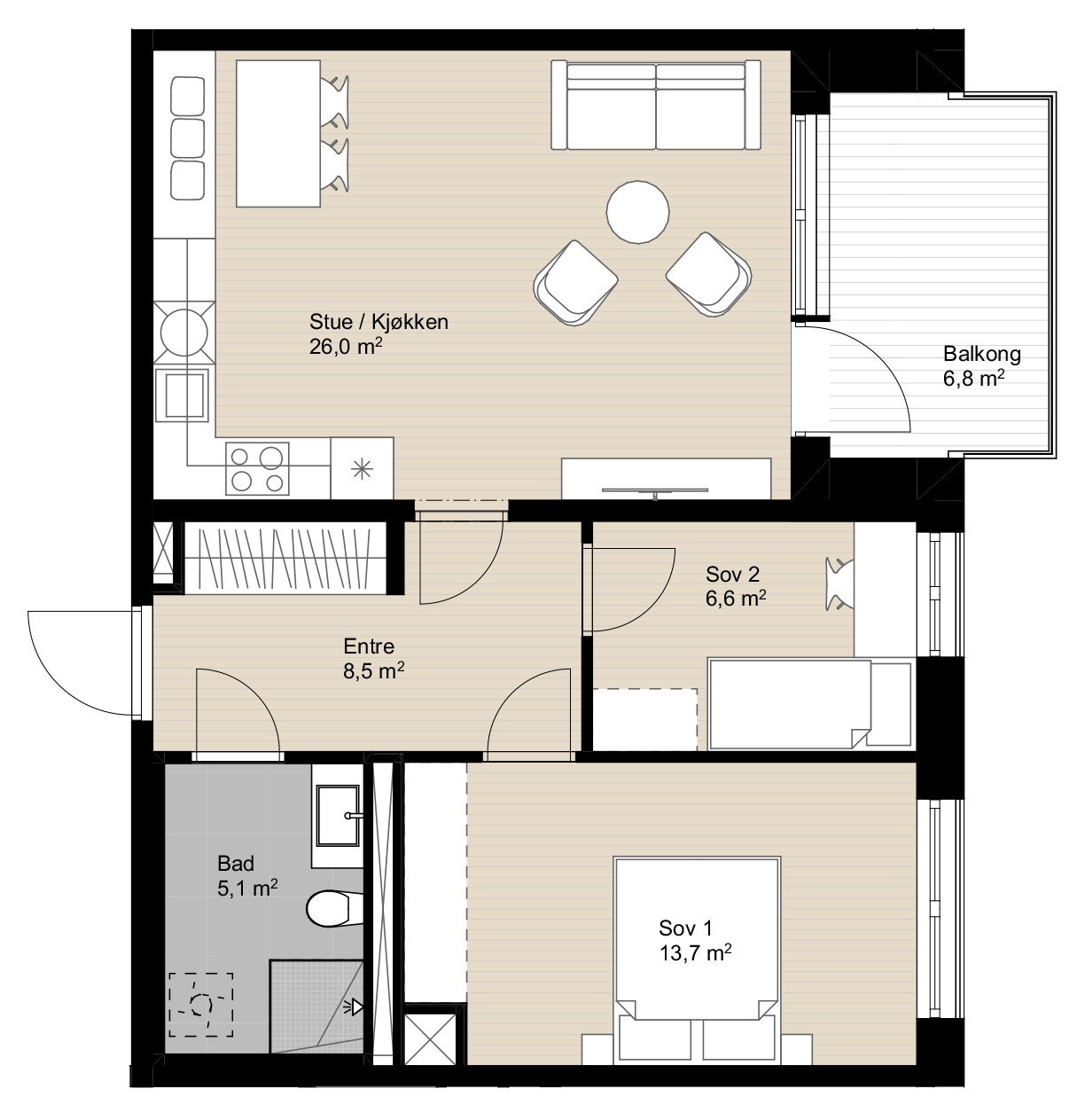 Arealeffektiv 3-roms selveierleilighet på 64 kvm. Gode oppholdssoner og inntrukket balkong. G-207 Galleribilde