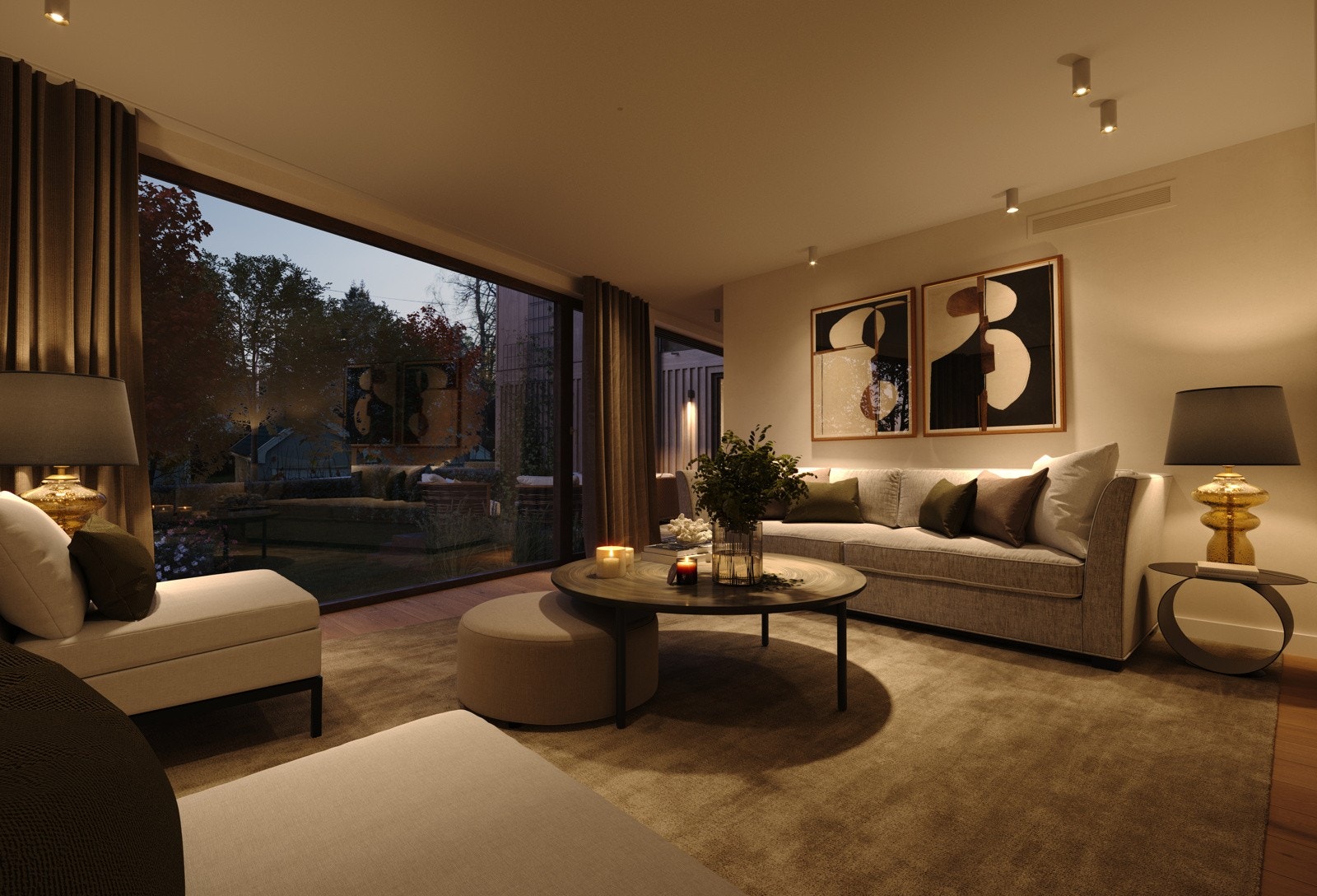 Stue, med pen 1-stavs parkett fra Skógr. Boligene er innredet med store vindusflater. illustrasjon - avvik vil forekomme. Galleribilde