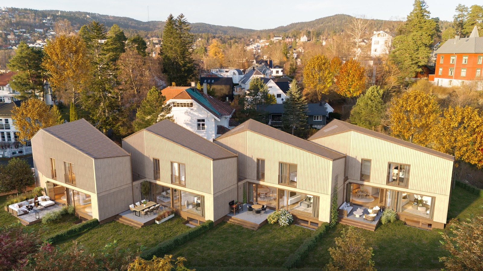 Dronefoto av boligenes fasade. Illustrasjon - avvik vil forekomme. Galleribilde