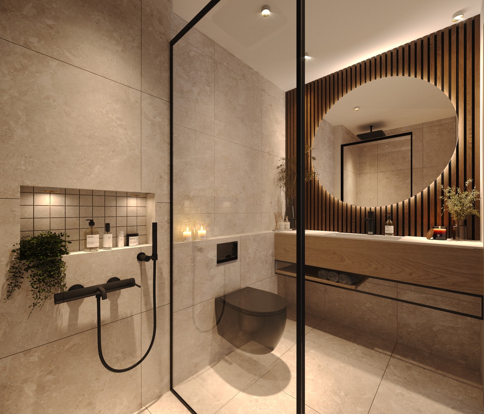 Moderne og flott baderom med flisbelagt gulv og tidsriktig innredning. Illustrasjon - avvik vil forekomme. Galleribilde