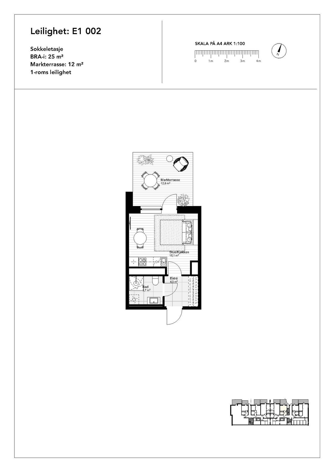 Praktisk planløsning med bad i tilknytning entré og stue/kjøkken med direkte adgang til stor markterrasse Galleribilde