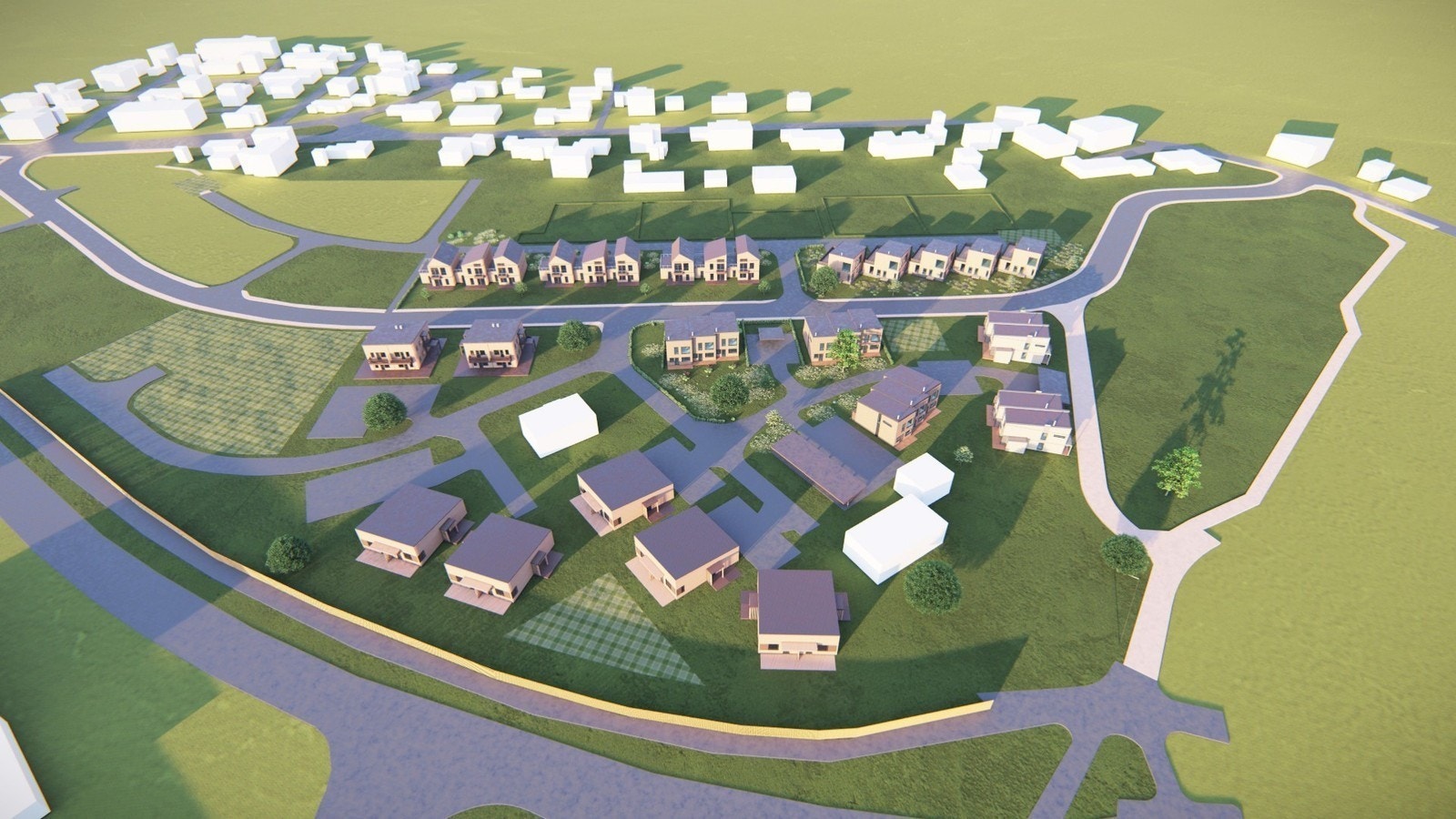 Brekkane får eigne leikeplassar til barna og det kjem støyvoll langs riksvegen, til glede for nye og gamle bustadar på feltet. Illutrasjon. Galleribilde