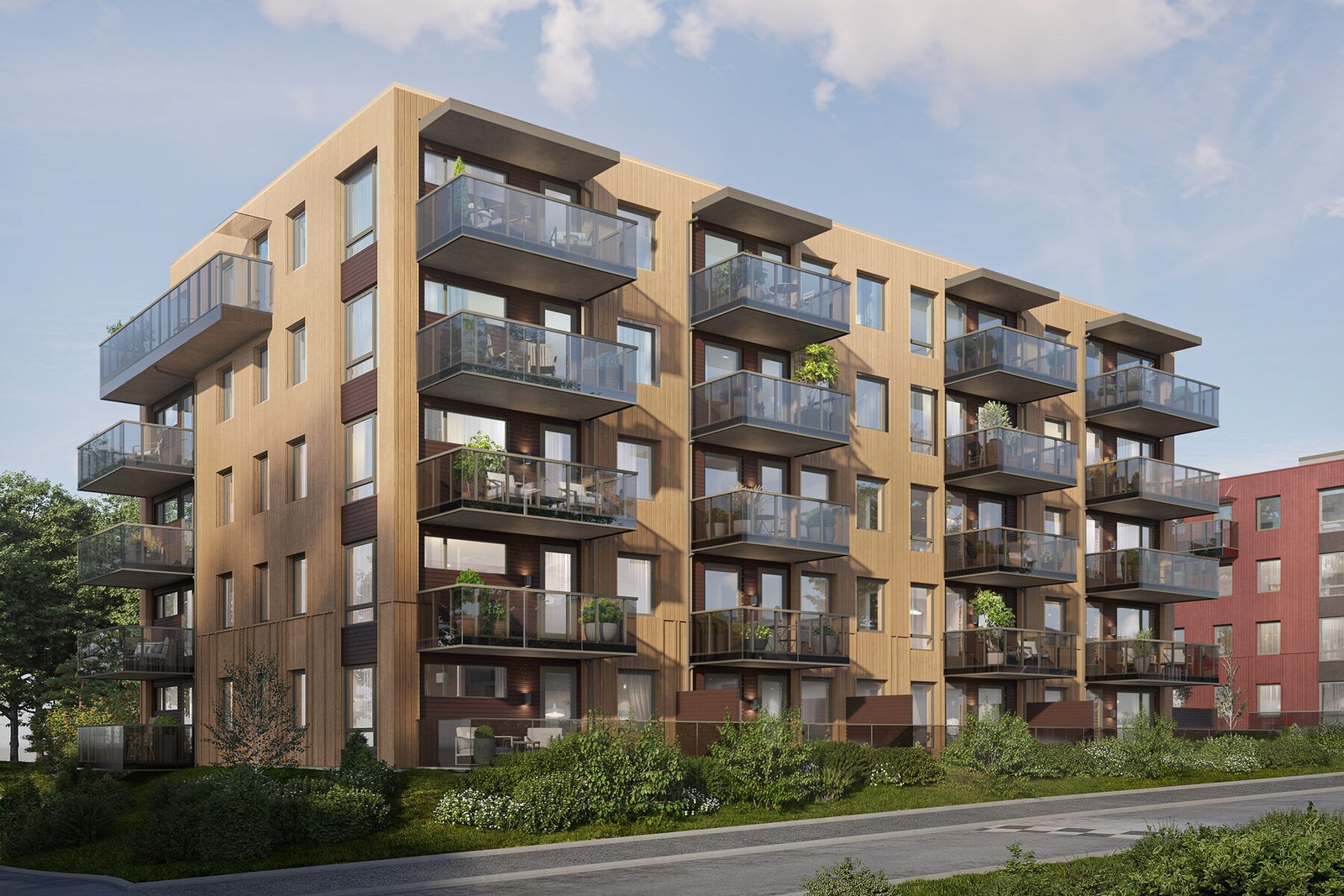 Det vil bli etablert lekeplass og hyggelige sitteområder med bord og benker mellom byggene. Illustrasjon, avvik vil forekomme. Galleribilde