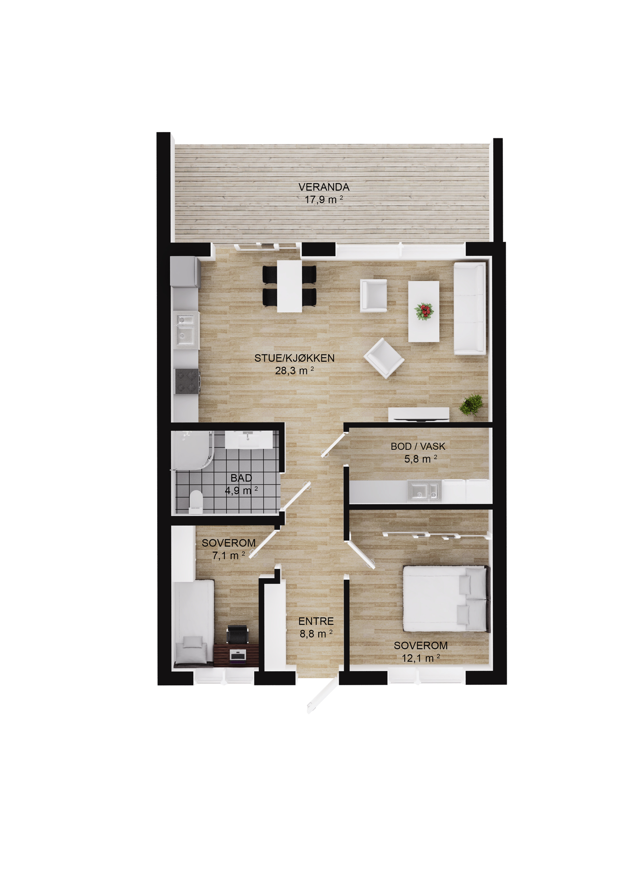 Planskisse leilighet 2 og 5. (Marginale forskjeller mellom leilighetene. Se den enkelte enhet). Galleribilde