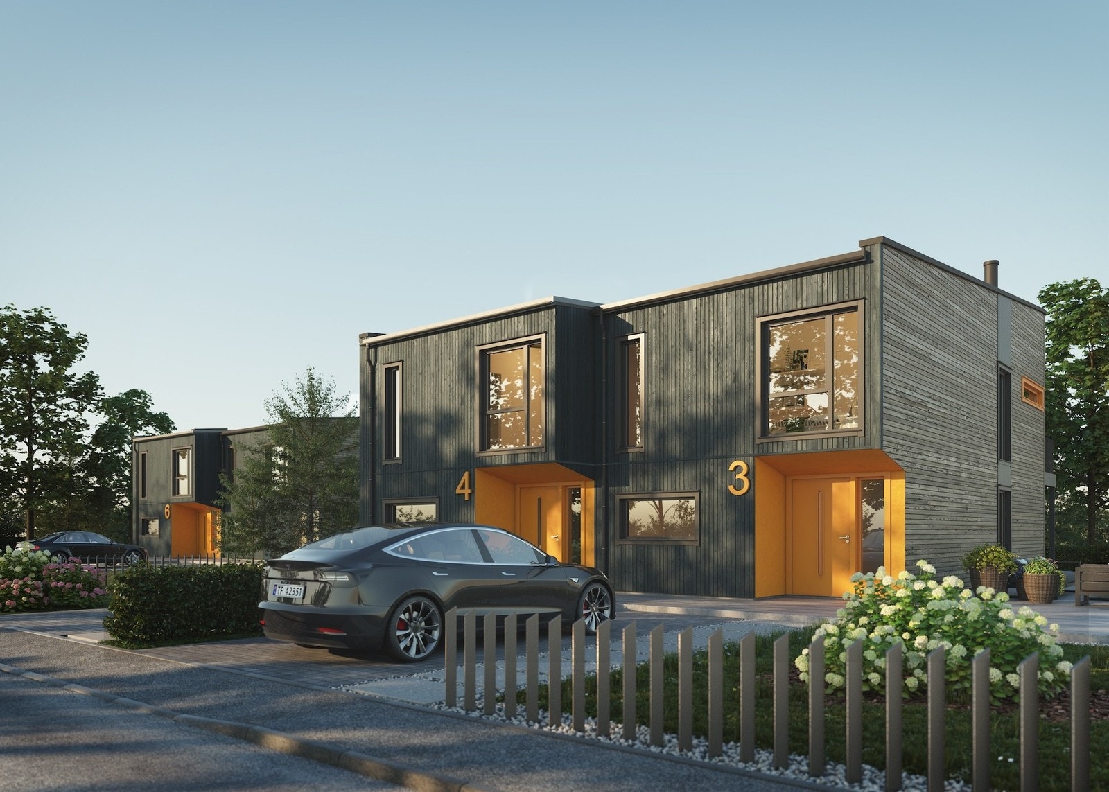 Romsleg tomannsbustad med fire soverom og carport - perfekt for din familie gjennom mange livsfasar. Illustrasjon. Galleribilde