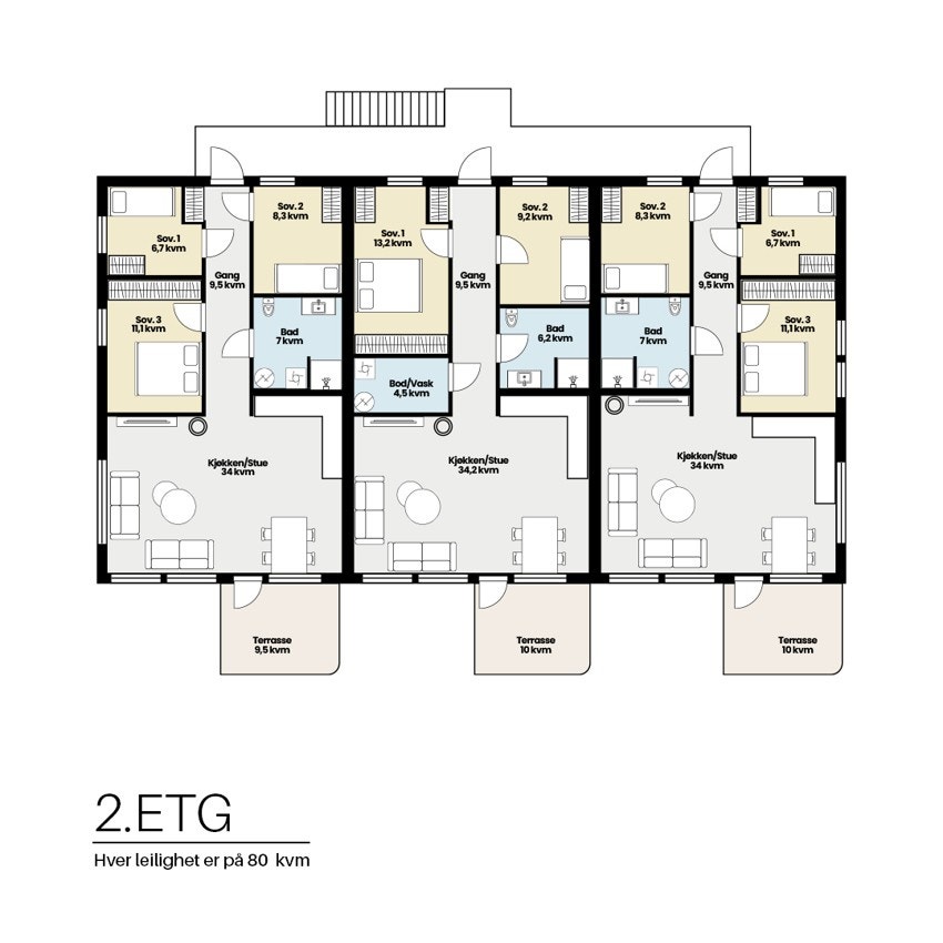 Plantegninger over 2.etg. Her kan du velge mellom 2 eller 3 soverom Galleribilde