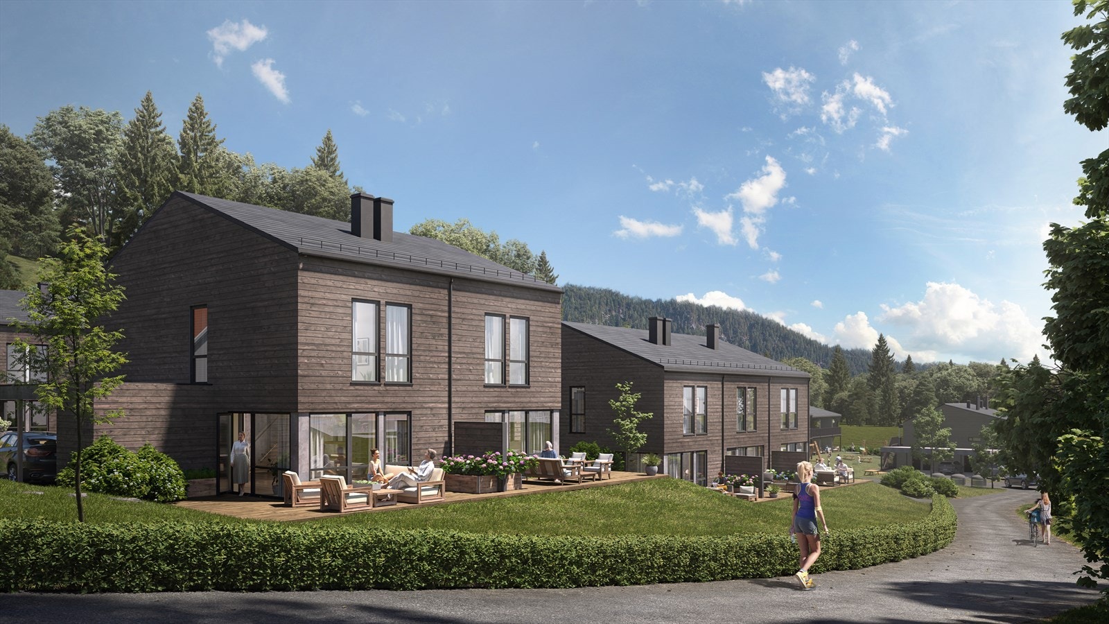 Illustrasjon viser rekkehus/tomannsboliger. Moderne boliger med effektive planløsninger. Galleribilde