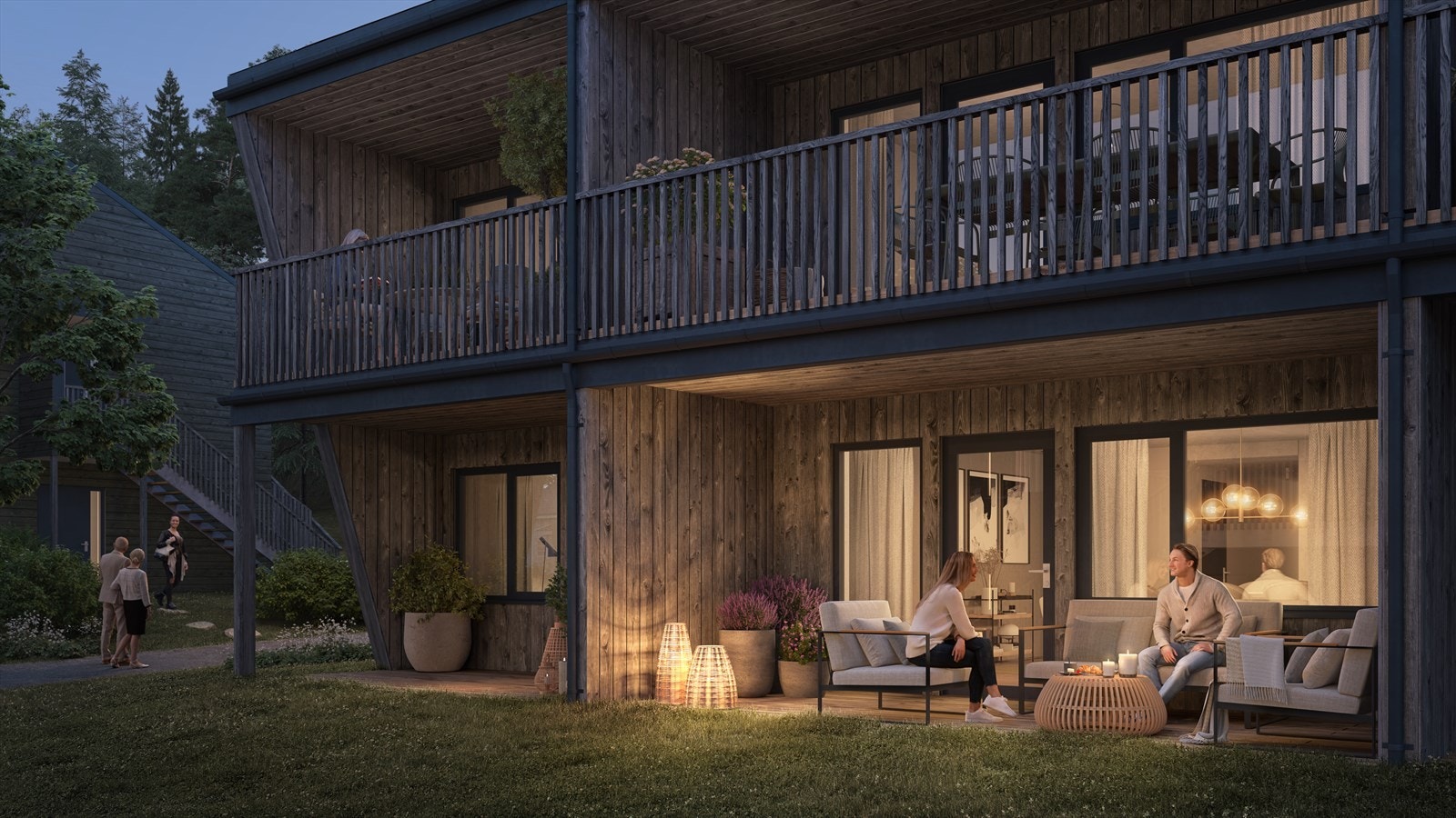 Kveldsstemning fra terrasser. Leilighetene får store fine terrasser/balkonger med takoverbygg. Galleribilde