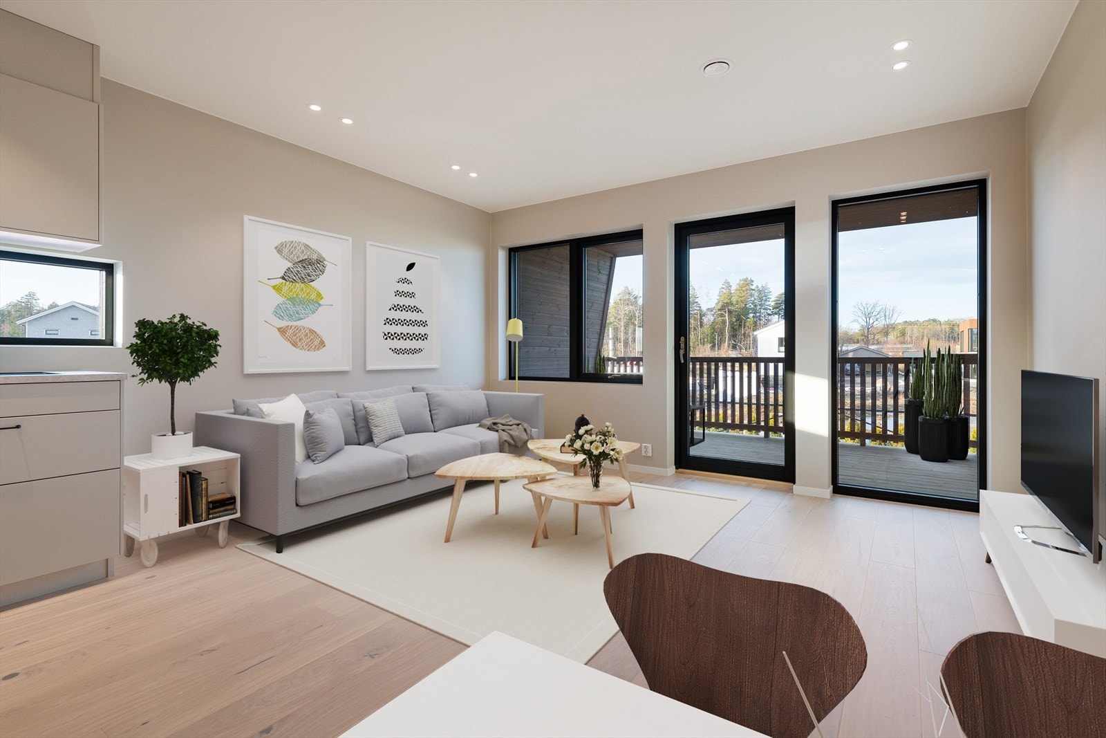 Bilde fra stue i tilsvarende bolig av typen leilighet i 6 mannsbolig, størrelse 49 kvm. Bildet er ment
illustrerende og ikke helt samsvarende med standard i Frenvikrønningen Galleribilde