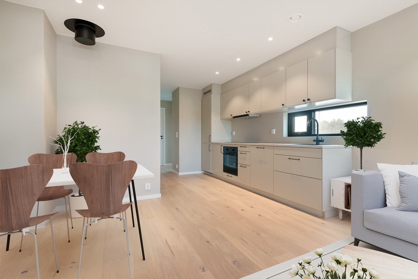 Bilde fra stue/kjøkken i tilsvarende bolig av typen leilighet i 6 mannsbolig, størrelse 49 kvm. Bildet er ment
illustrerende og ikke helt samsvarende med standard i Frenvikrønningen Galleribilde