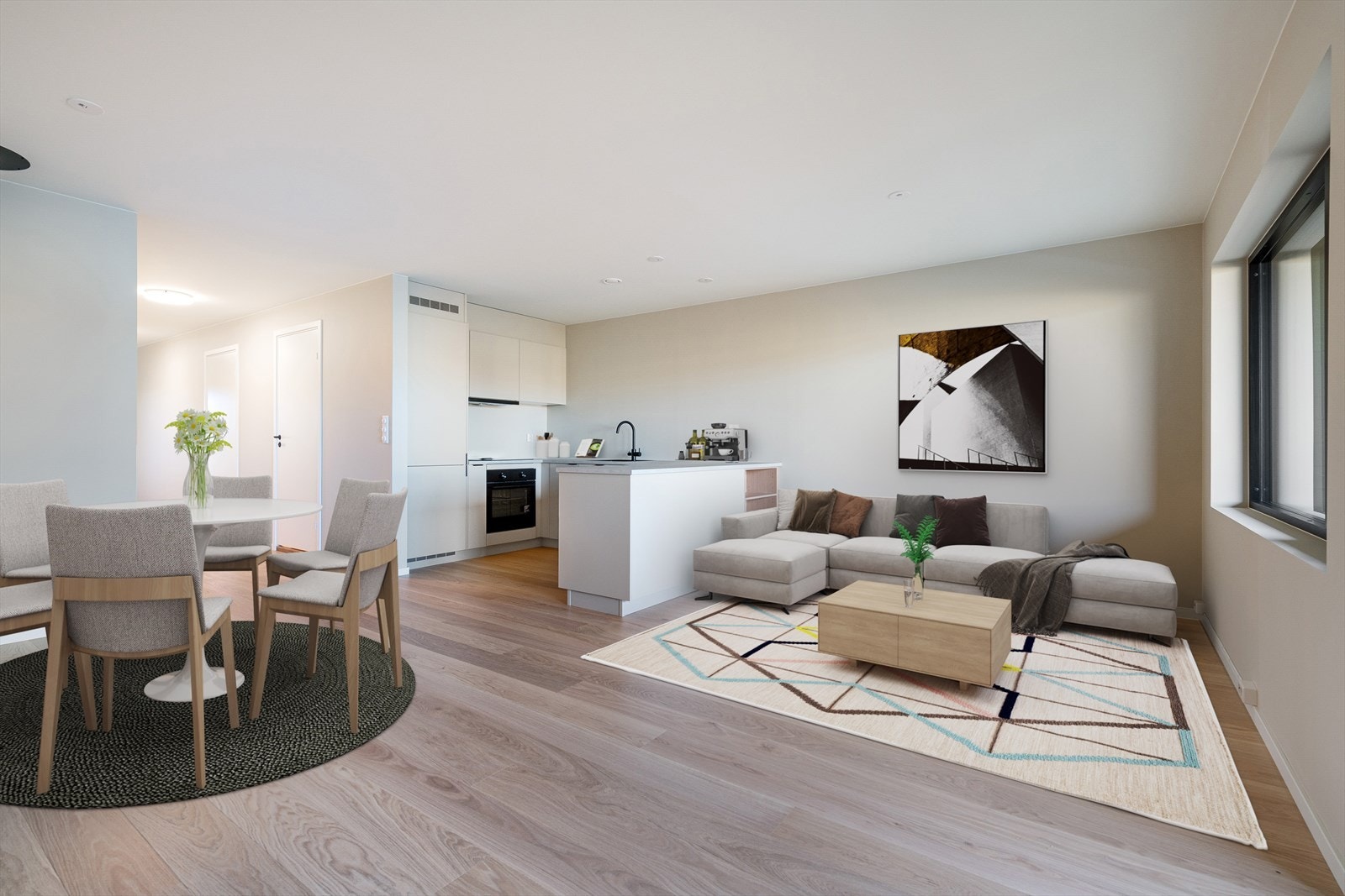 Bilde fra stue/kjøkken i tilsvarende bolig av typen leilighet i 6 mannsbolig, størrelse 66 kvm. Bildet er ment
illustrerende og ikke helt samsvarende med standard i Frenvikrønningen. Galleribilde