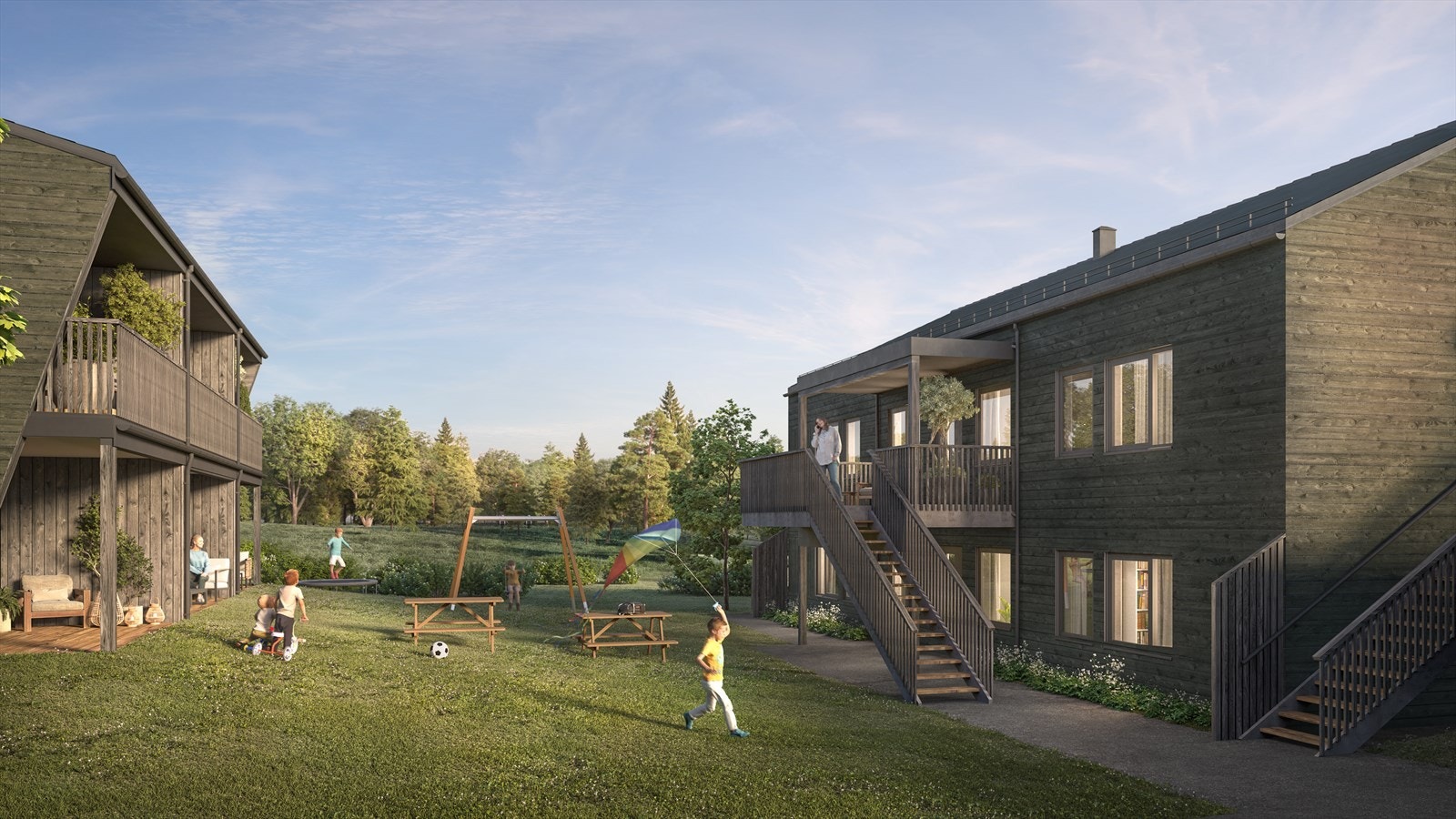 Boligene får pent opparbeidede fellesarealer med fine uteplasser. Illustrasjon fra seksmannsboliger Galleribilde