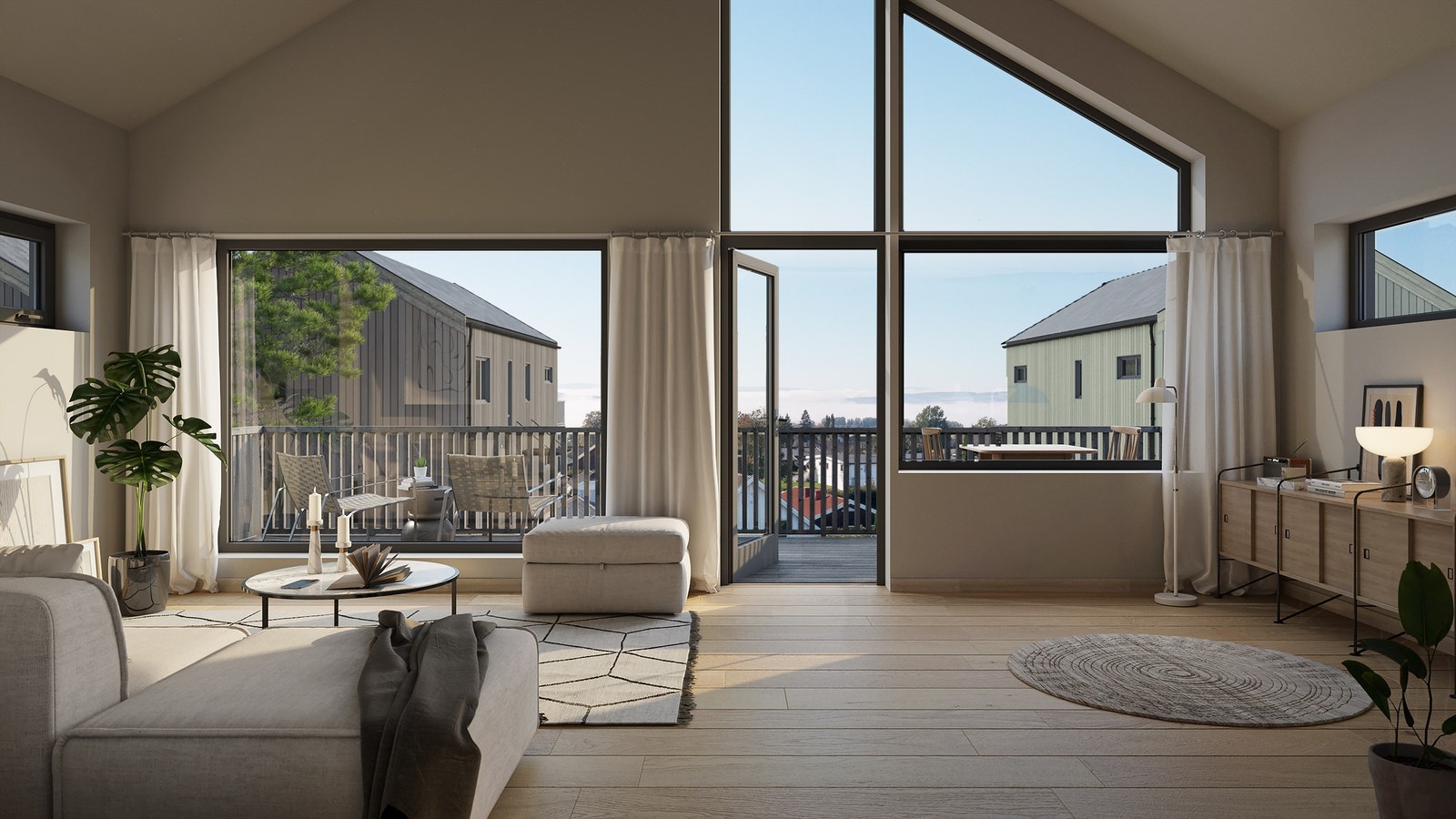 Loftstue hus 6. Et rom med rikelig innslipp av naturlig lys og utgang til veranda. Illustrasjonsbilde og avvik kan forekomme. Galleribilde