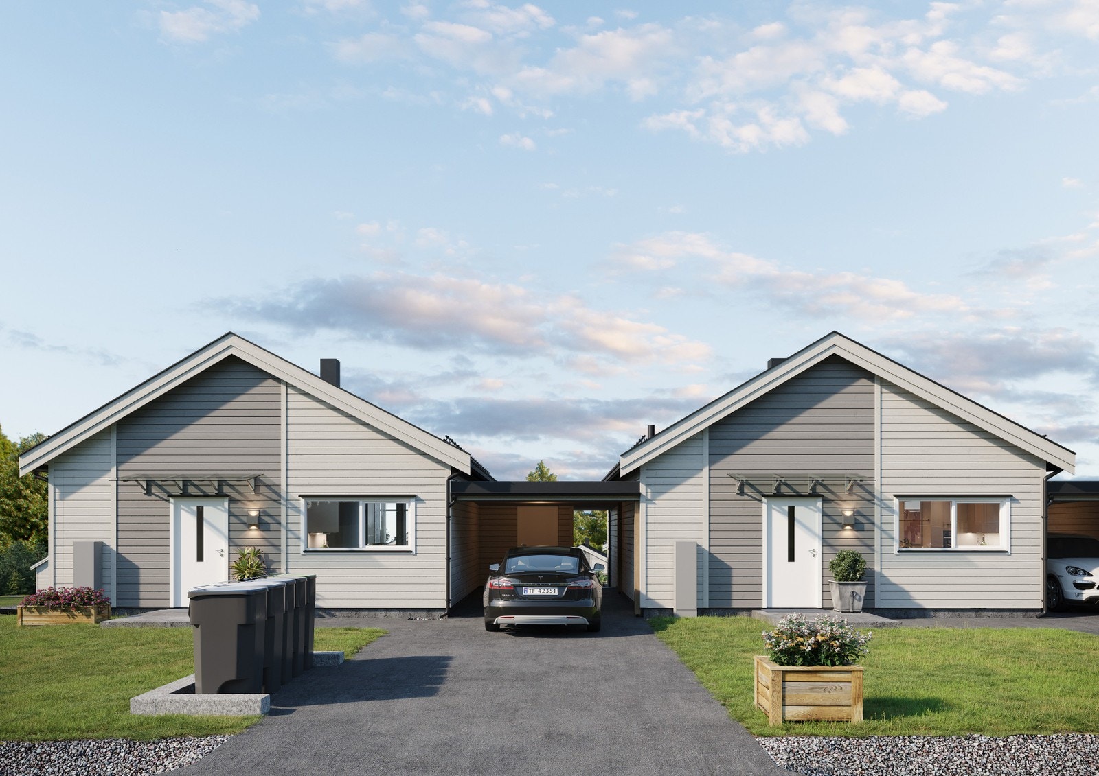 illustrasjon: Blåbærslynga nr. 24 og 26.
Enebolig i rekke får carport. Beskytt bilen din mot vær og vind. Galleribilde