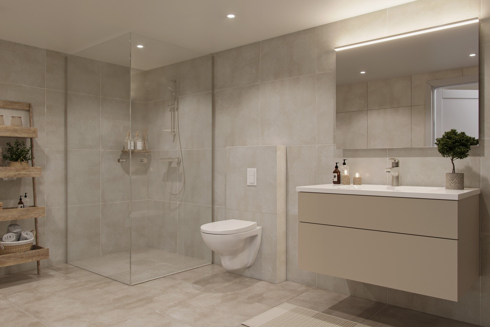 illustrasjon - bad: Blåbærslynga nr. 32 og 34.
Det leveres 60*60 flis på vegg og gulv, samt 5*5 cm mosaikkfliser på dusjgulv. Galleribilde