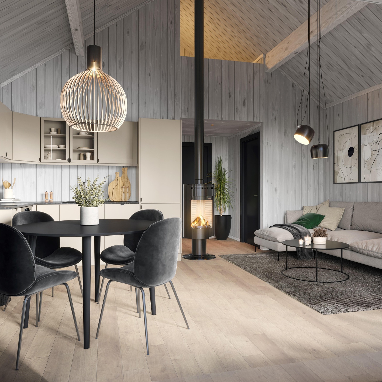 Hyttene blir bygd i en moderne standard med 2 soverom + hems (ikke medregnet areal). Galleribilde