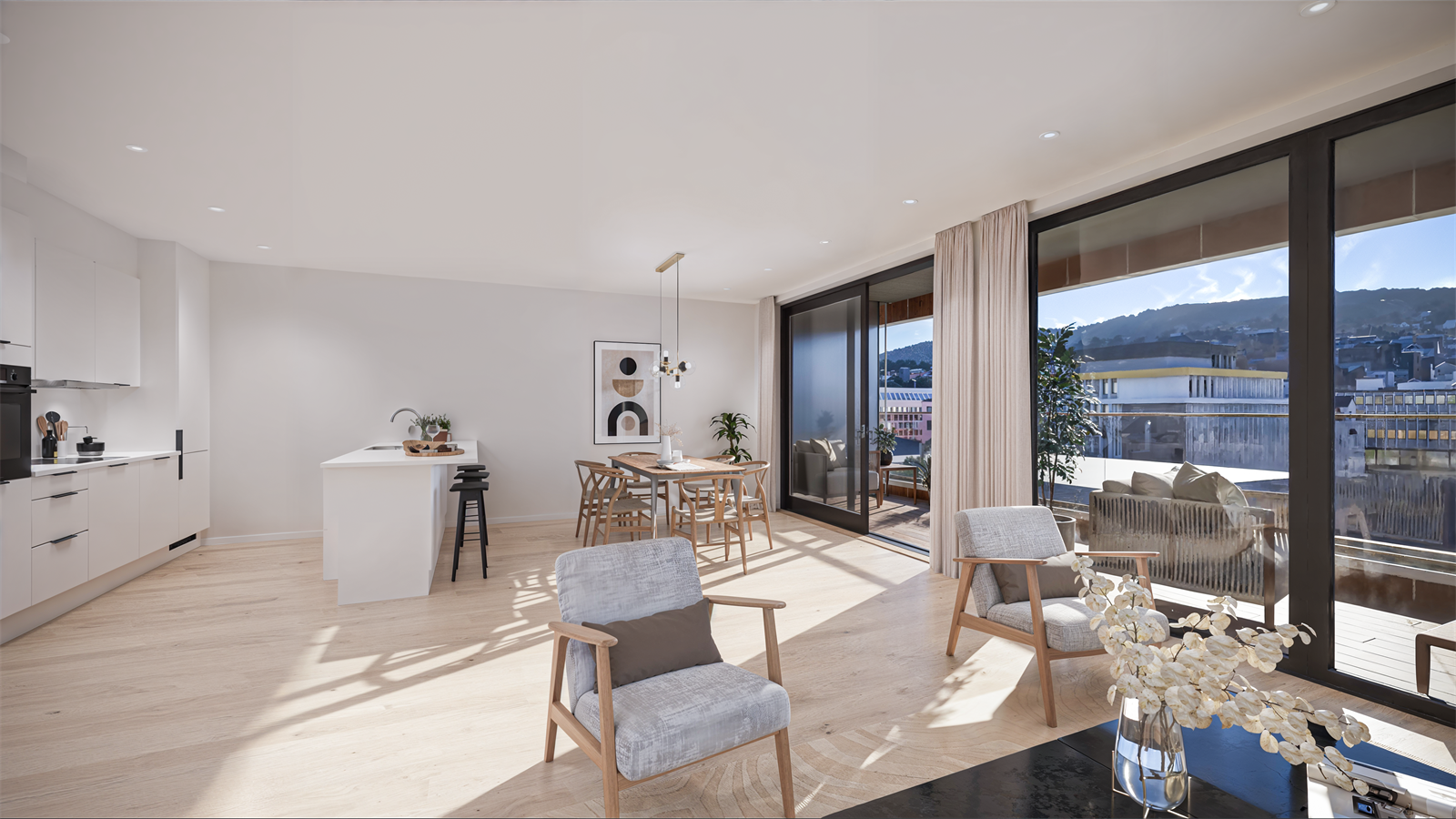 Kjøkken / stue med utgang til stor overbygd balkong - illustrasjon Galleribilde