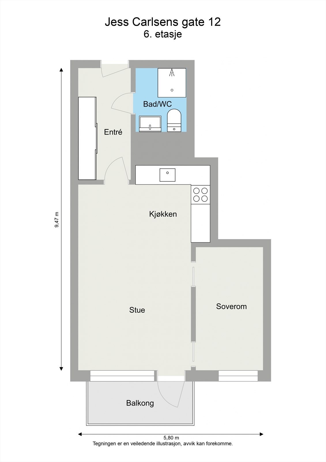 Leiligheten ligger i 6. etasje og har en praktisk planløsning med stue og kjøkken i åpen løsning, ett soverom og baderom. Fra stuen er det utgang til balkong. Galleribilde