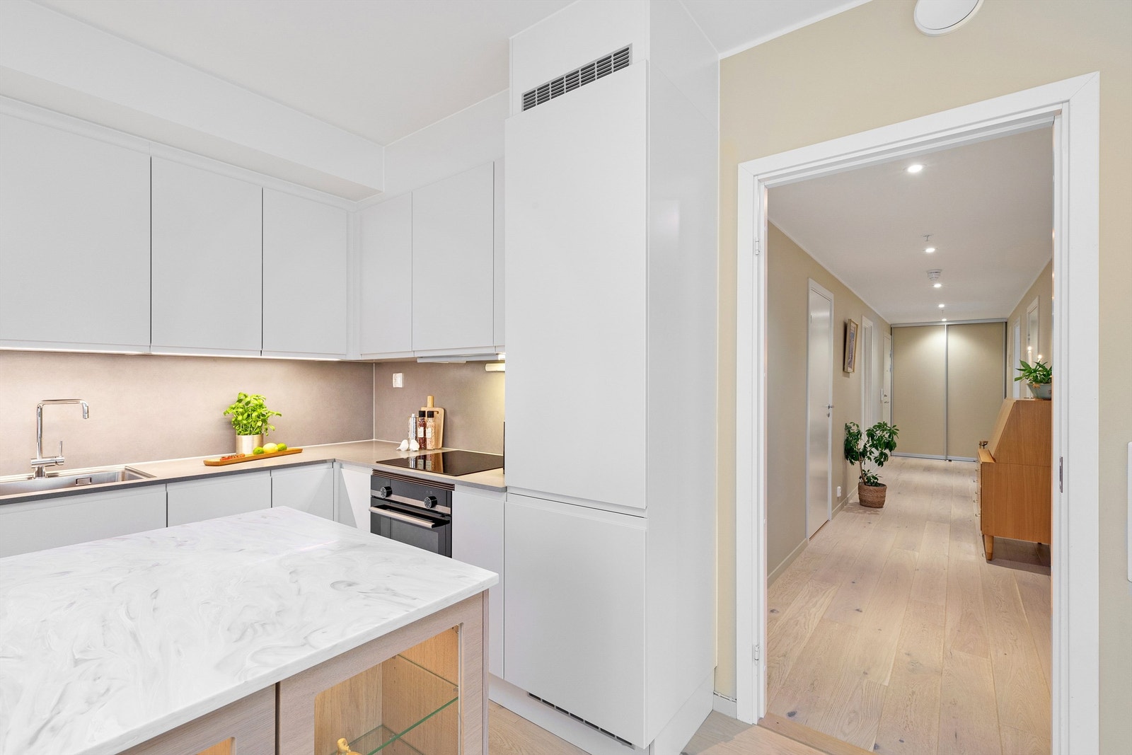 Elegant gang med skyvegarderobe ved inngangsdør. Galleribilde