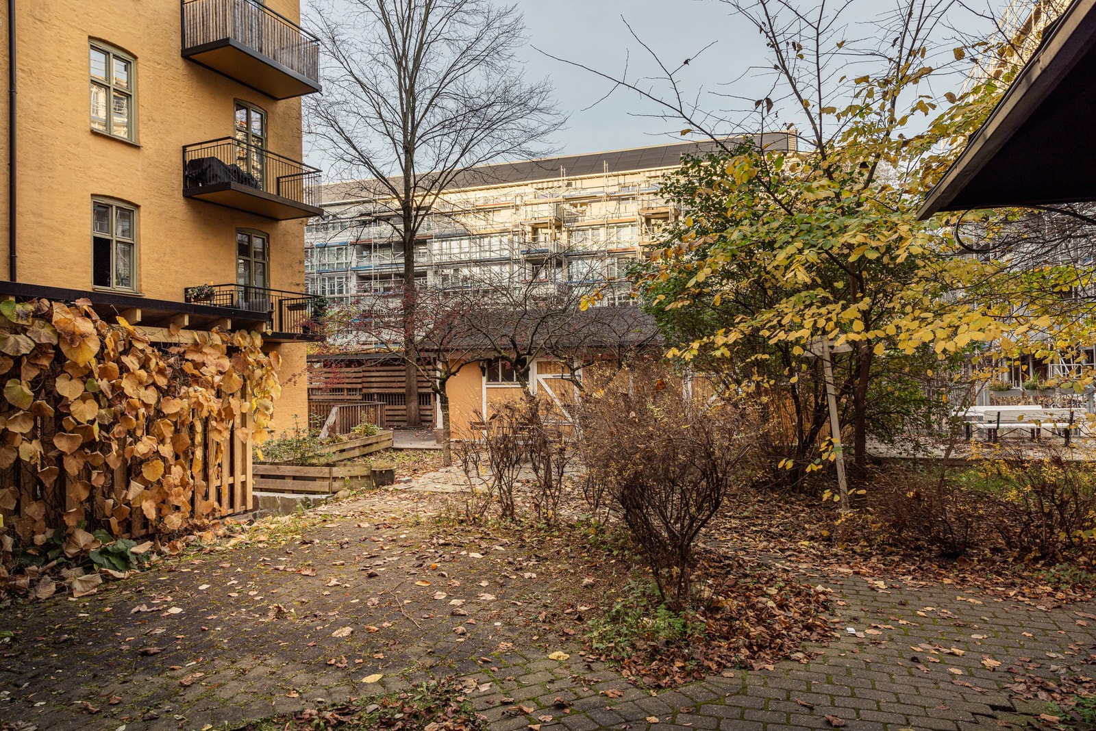 Borettslaget har en skjermet, felles bakgård med steinbelagte områder og frodig beplantning. Galleribilde