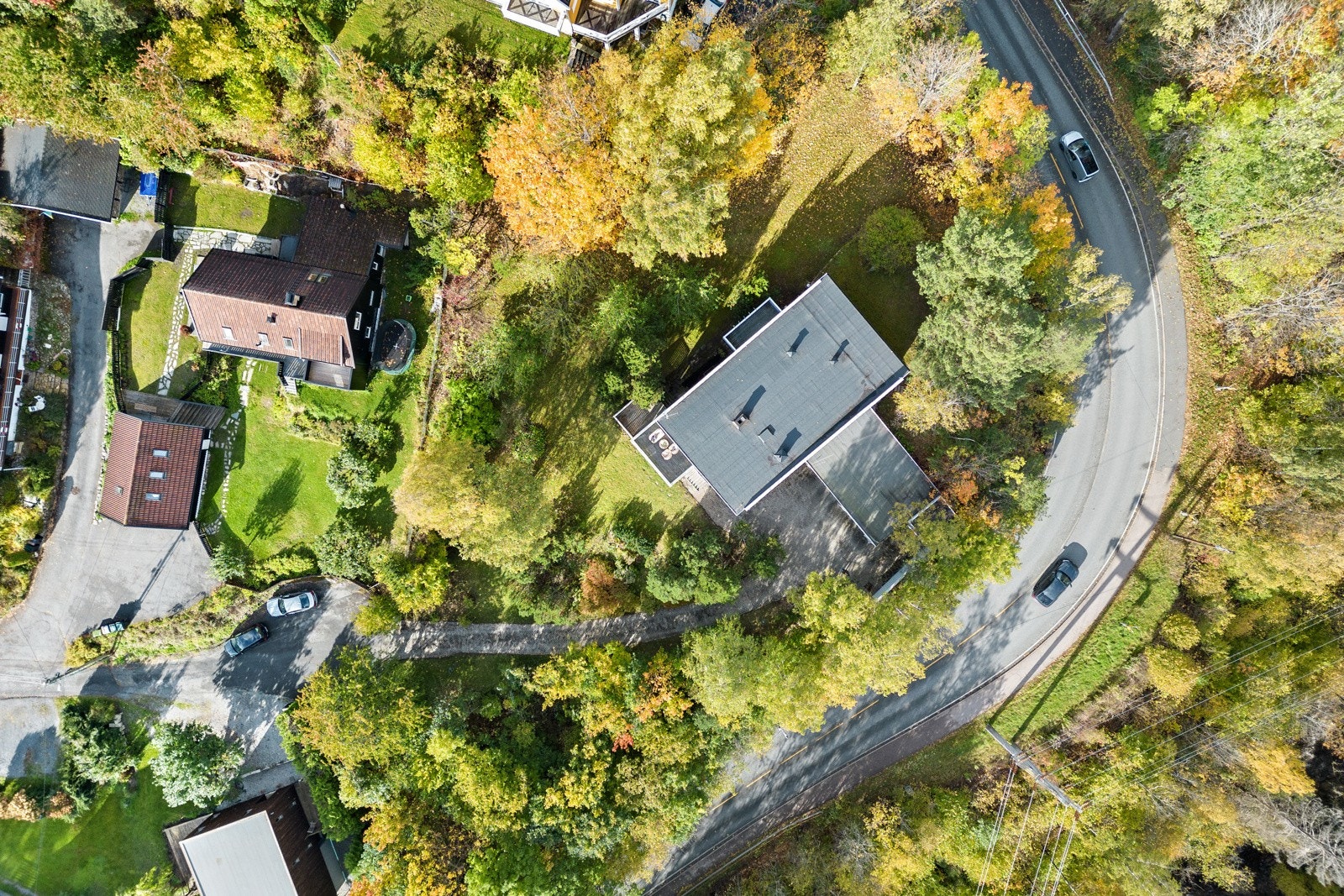 Tomten er opparbeidet med gressplen, trær, busker og naturlig vegetasjon. Galleribilde