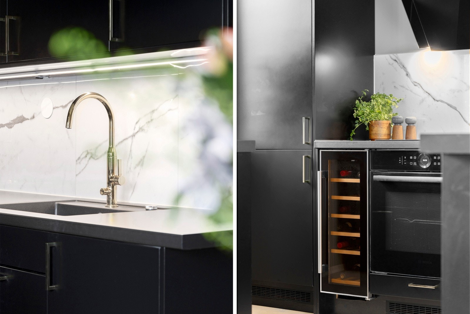 Kjøkkenet er velutstyrt, med integrerte hvitevarer som platetopp med kullfilterventilator over, stekeovn, oppvaskmaskin, vinskap og kjøl/fryseskap Galleribilde