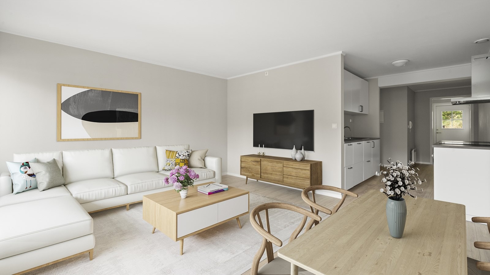 I stuen er det god plass til møblement. Bildet er digitalt innredet Galleribilde