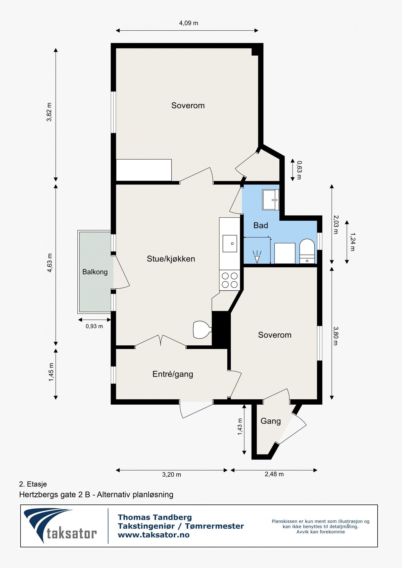 Alternativ løsning med ekstra soverom hvor kjøkken er flyttet inn i stuen. Galleribilde