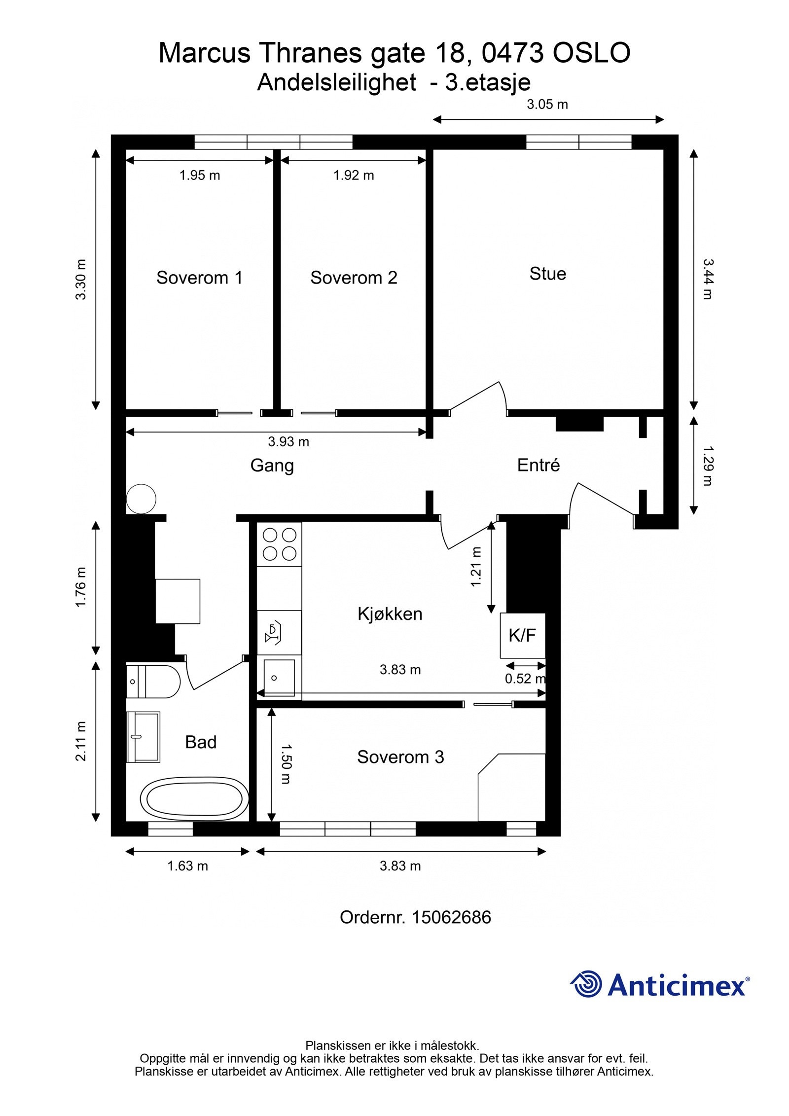 Plantegning. I tillegg disponerer leiligheten en kjellerbod på ca. 1m² og en kjellerbod med gulvareal på ca. 4m². Galleribilde
