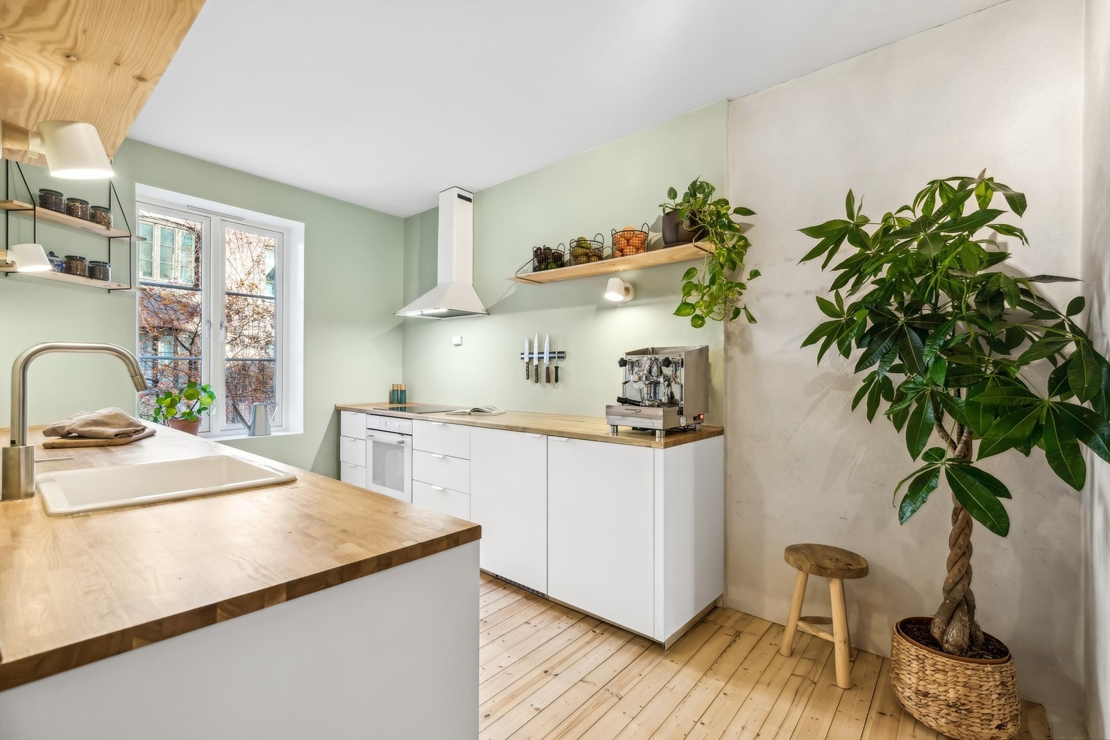 Det er slette, hvite fronter og heltre benkeplate. Overskap er byttet ut med hyller som har en dekorativ og praktisk funksjon. I høyre hjørne hvor planten står er det også god plass til å sette inn et stort kjøleskap for den som ønsker dette. Galleribilde