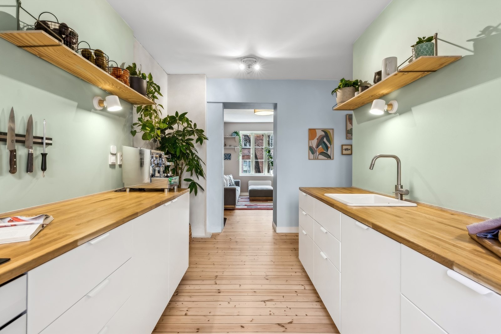 Hvitevarene er integrerte og medfølger handelen; kjøleskap, fryseskap, oppvaskmaskin, induksjonstopp, stekeovn, vannstoppsystem og komfyrvakt. Galleribilde