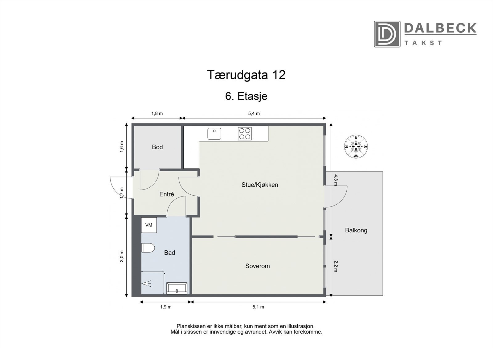 6.etasje: Entré, Stue/Kjøkken, Soverom, Bad og Bod.
Annet: Balkong, ekstern bod. Galleribilde