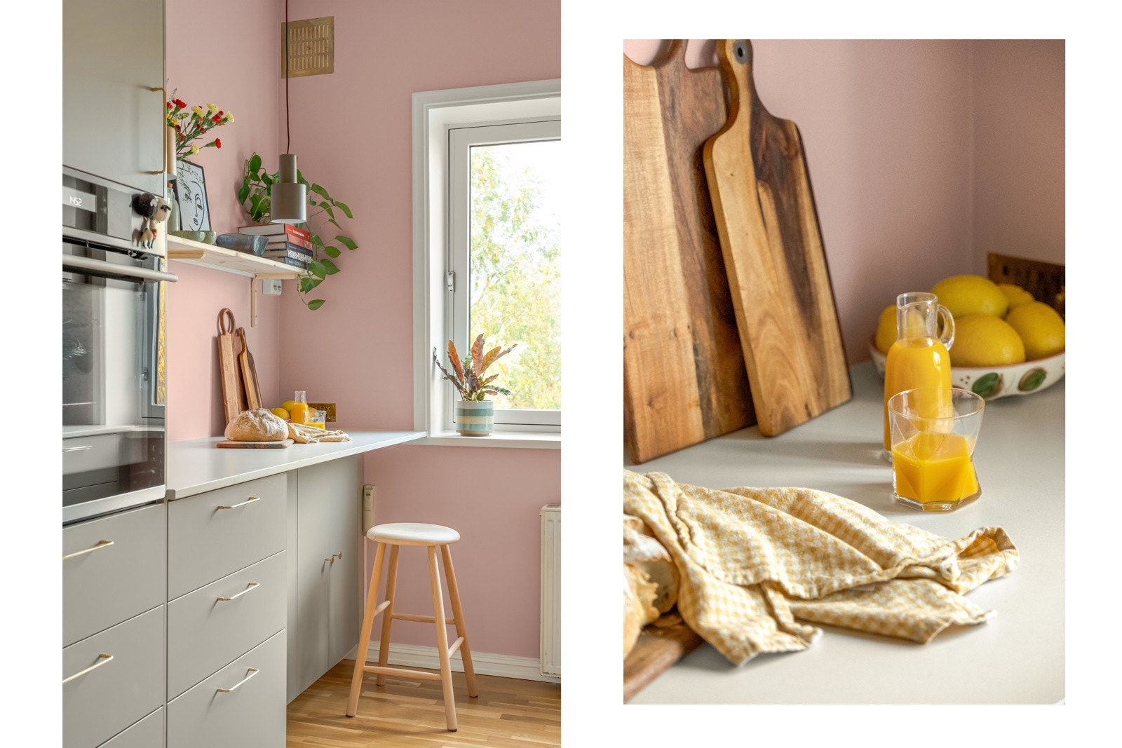 Ved vinduet er det mulig å sitte og spise frokosten eller hjelpe med pepperkakebakingen. Keramiske benkeplater er ikke bare pene å se på, men også svært funksjonelle. Her kan du ha varme kasseroller og stekepanner rett på benken. Galleribilde