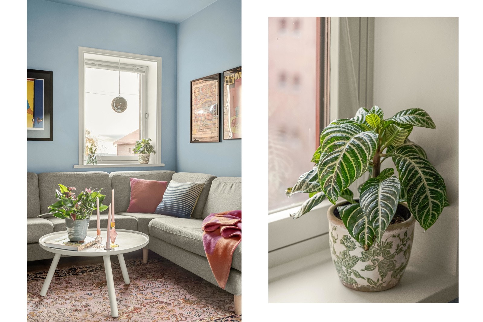 Stuen ligger på hjørnet av bygget, så her kommer det dagslys inn fra to sider. Galleribilde