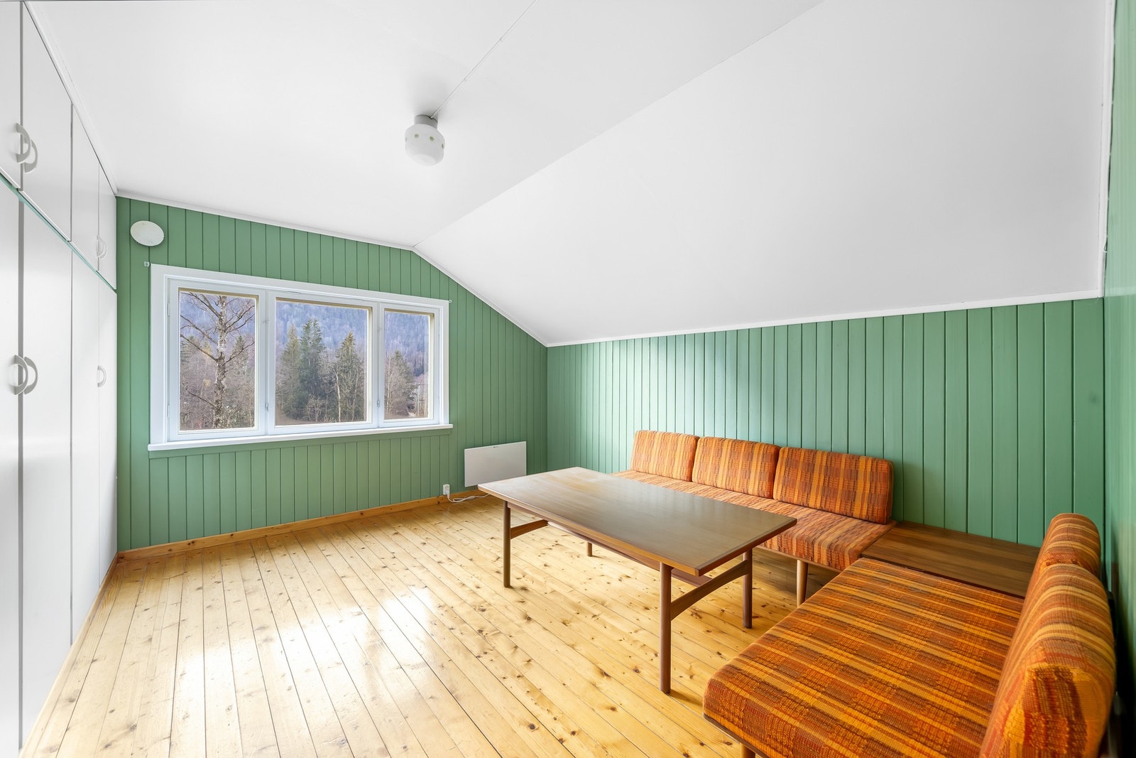 Stue/soverom 4 har garderobeskap, panelovn og vedovn. Galleribilde