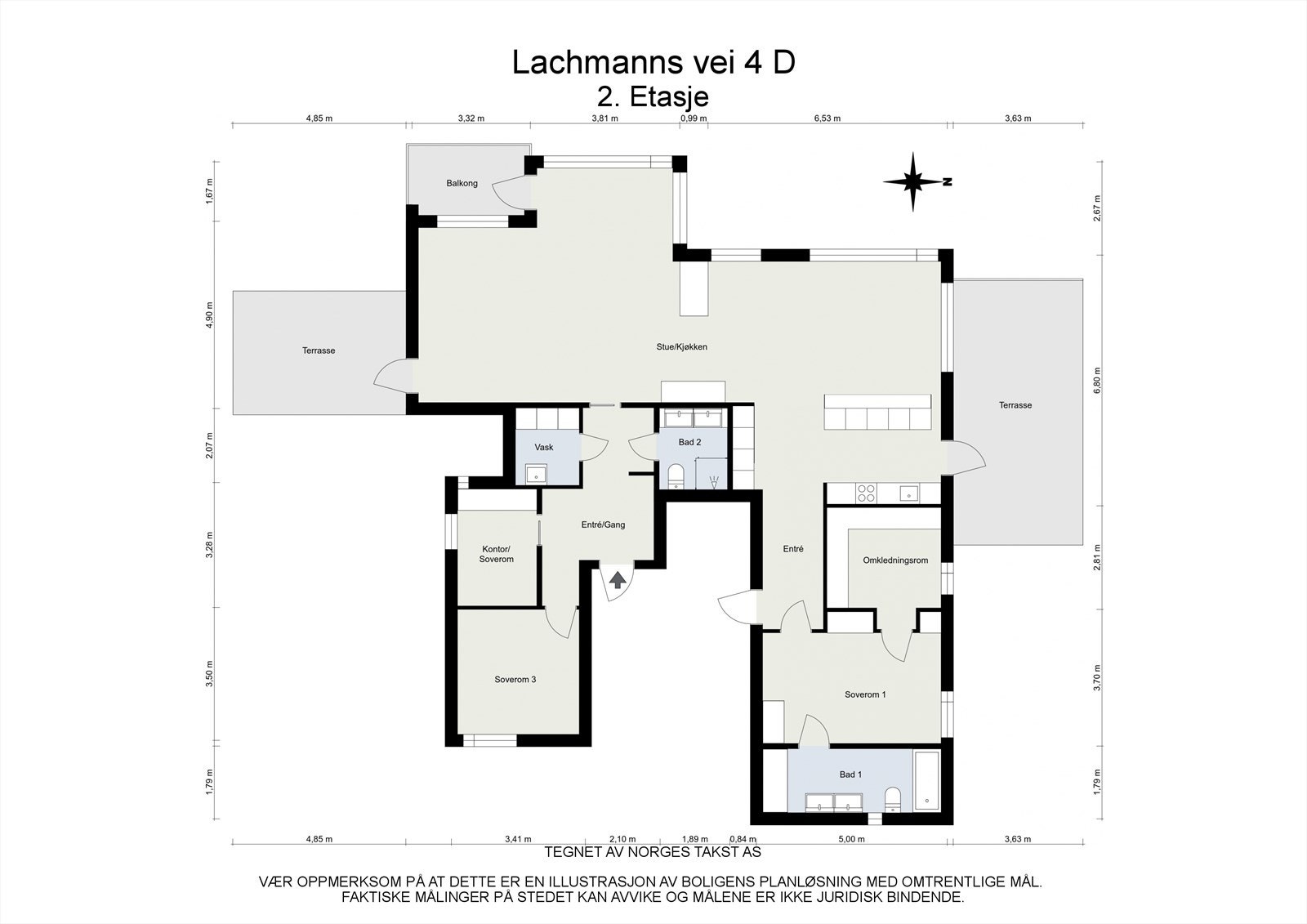 Plantegning 2 etg. med lys fra 4 himmelretninger. Leiligheten har 2 innganger, slik at den evt. kan benyttes som hoveddel + hybel/praktikantdel/ungdomsdel med egen inngang. Galleribilde